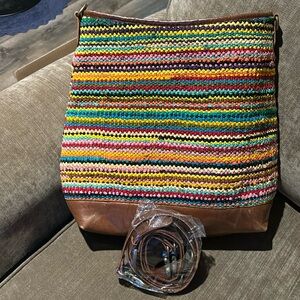 New Leather and Woven Textile Bucket Bag with long leather Strap